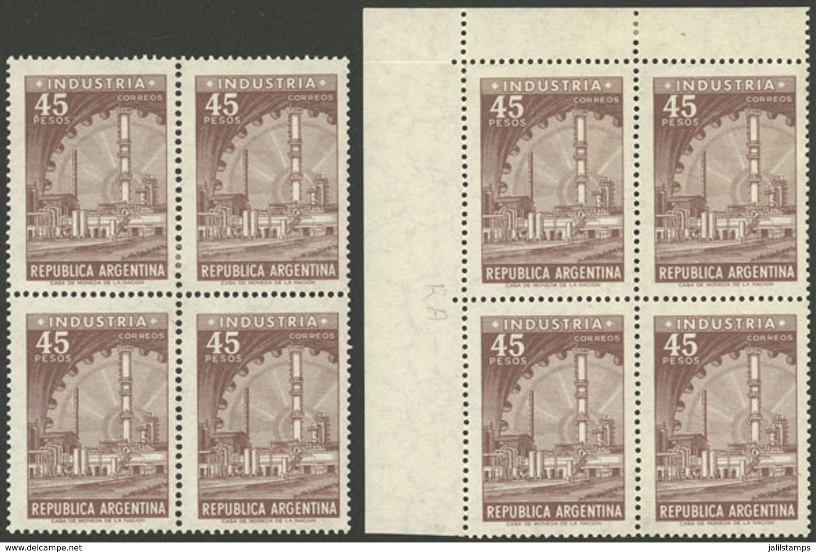 ARGENTINA: GJ.1316, 45P. Industry In Offset, 2 Blocks Of 4, With Vertical (rare) And Horizontal Curling Axis, VF Quality - Unused Stamps