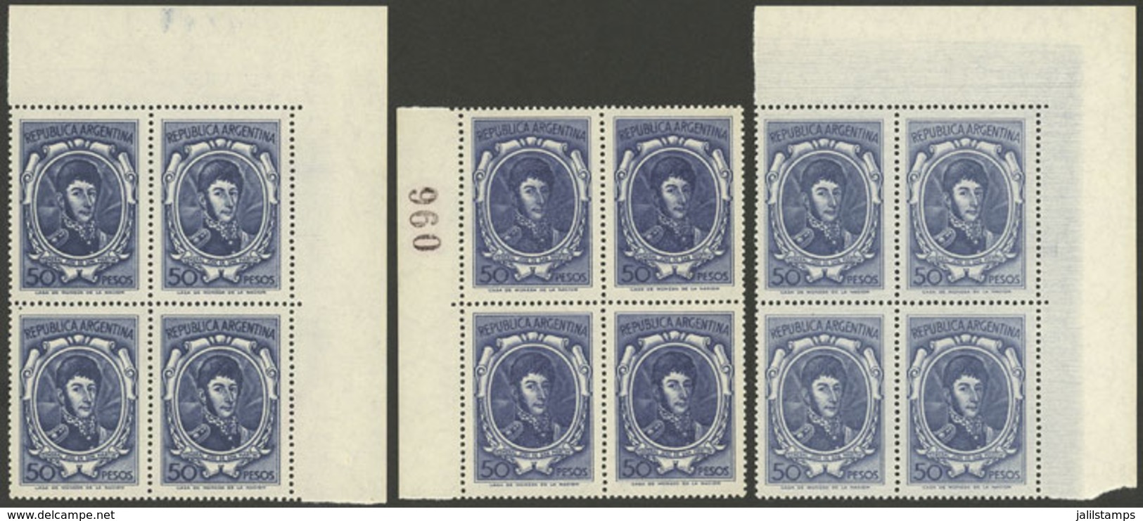 ARGENTINA: GJ.1318A, 50P. San Martín On Unsurfaced Paper, 3 Blocks Of 4 From Very Different Printings, One On Bluish Pap - Unused Stamps