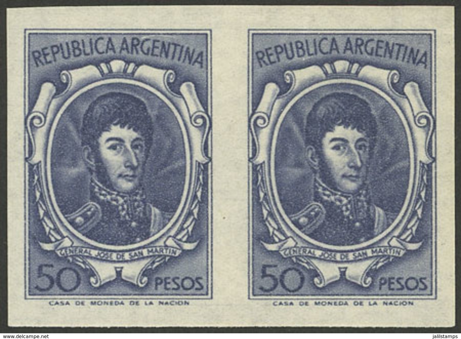 ARGENTINA: GJ.1318AP, 50P. San Martín, IMPERFORATE PAIR, MNH, Excellent Quality! - Unused Stamps