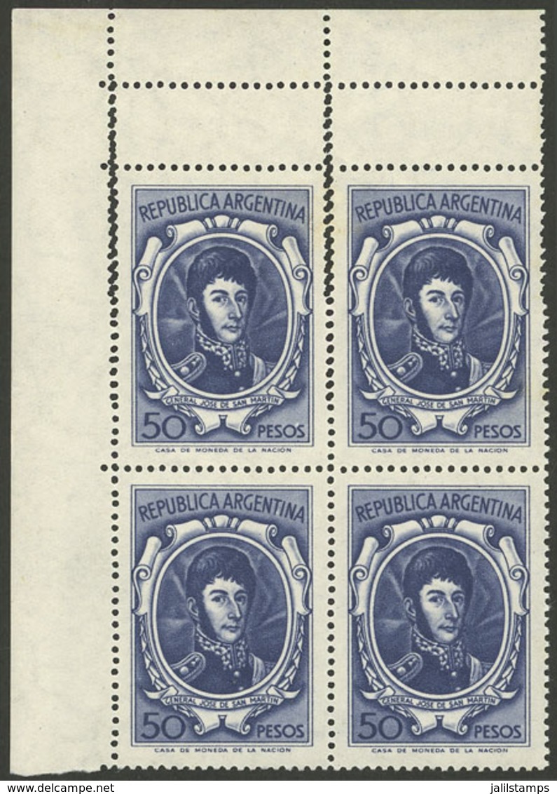 ARGENTINA: GJ.1318A, 50P. San Martín On Unsurfaced Paper, Block Of 4 With DOUBLE PERFORATION At Top Producing 2 Small La - Unused Stamps