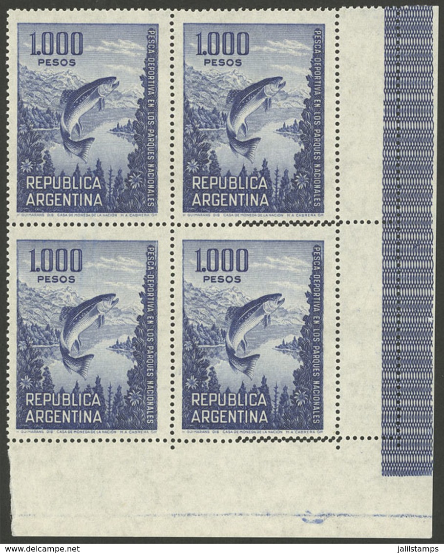 ARGENTINA: GJ.1323, 1,000P. Fishing (trout), Corner Block Of 4 With DOUBLE PERFORATION Producing 2 Small Labels, Very Fi - Unused Stamps