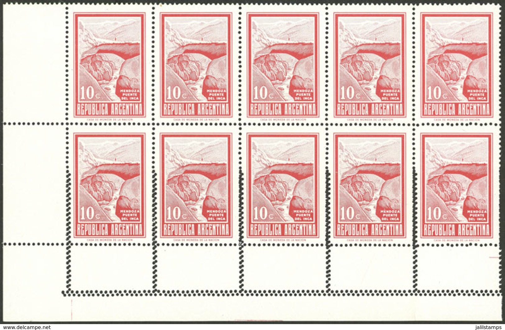 ARGENTINA: GJ.1492, 1969/71 10P. Incan Bridge Without Watermark, Block Of 10 With TRIPLE PERFORATION At Bottom Producing - Unused Stamps