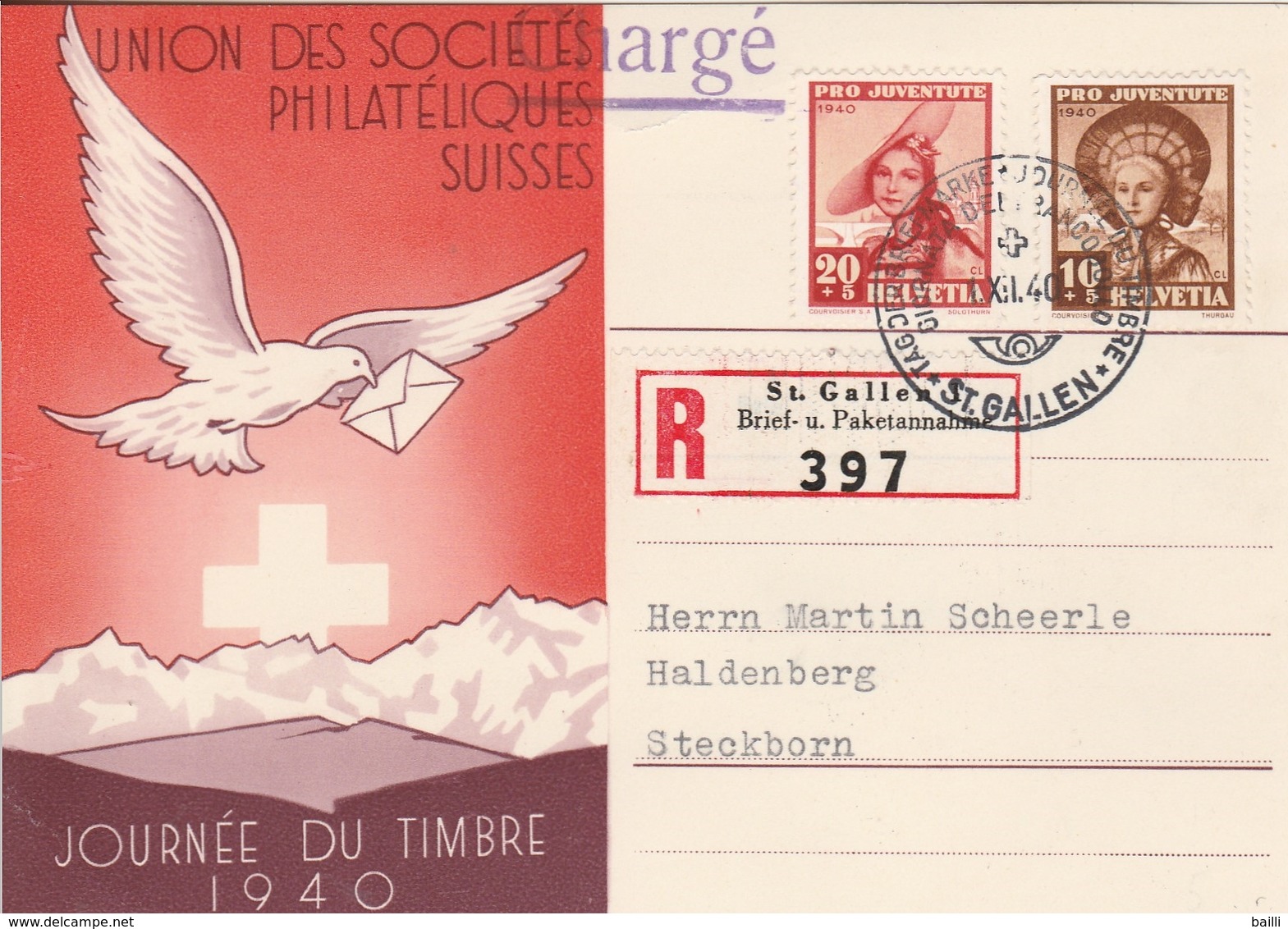 Suisse Carte Recommandée Journée Du Timbre St Gallen 1940 - Storia Postale