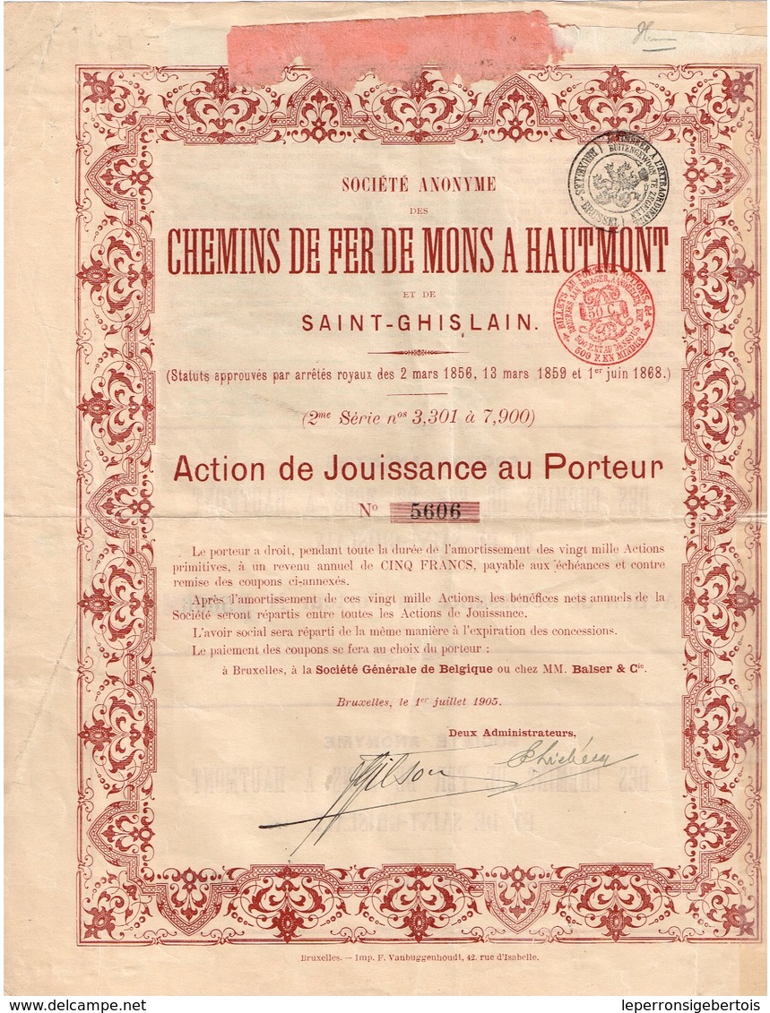 Titre Ancien - Société Anonyme Des Chemins De Fer De Mons à Haumont Et De Saint-Ghislain -Titre Se 1905 - - Chemin De Fer & Tramway