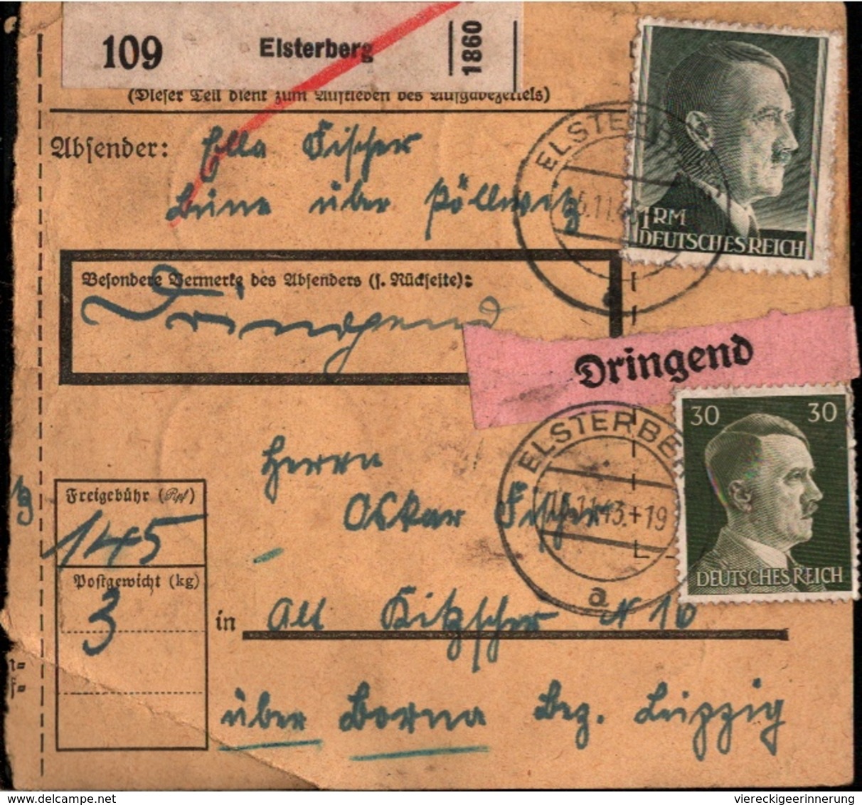 ! 1943 Paketkarte Deutsches Reich, Elsterberg - Briefe U. Dokumente