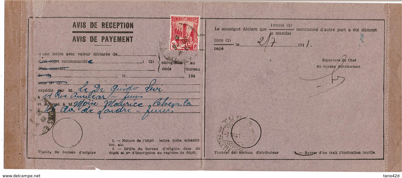 LCTN59/LE/PM - TUNISIE AVIS DE RECEPTION JUILLET / AOÛT 1941 - Briefe U. Dokumente