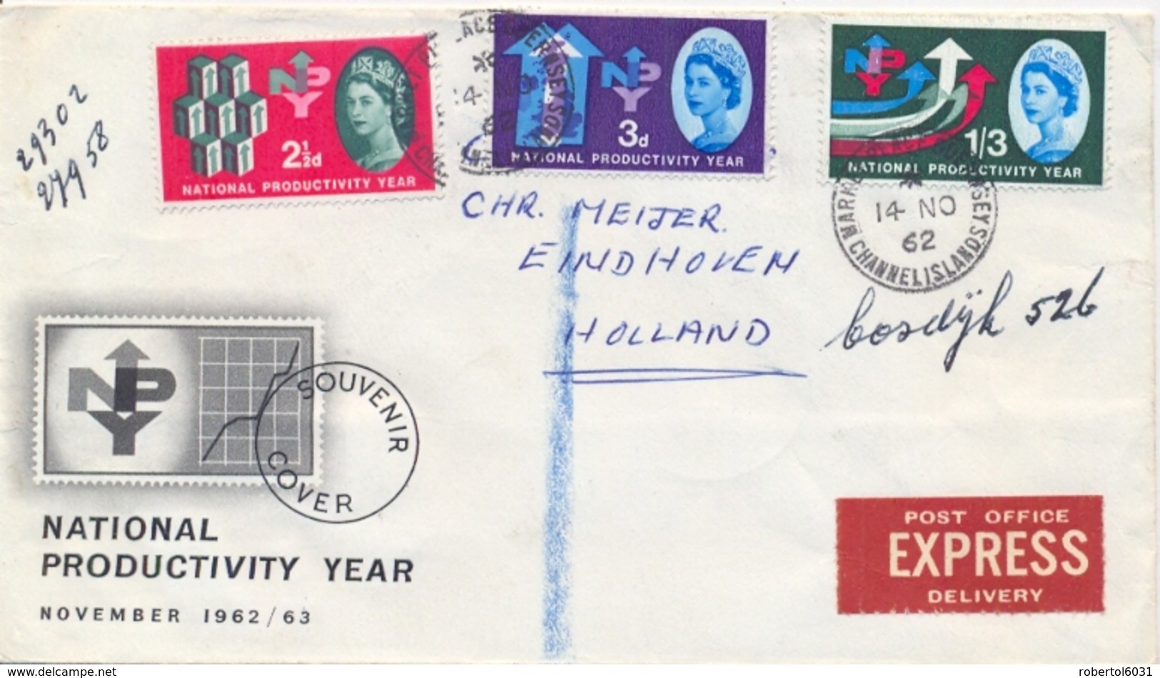 Great Britain 1962 Express FDC To Netherlands With National Productivity Year 2½ D. + 3 D. + 1sh3d - Fabbriche E Imprese