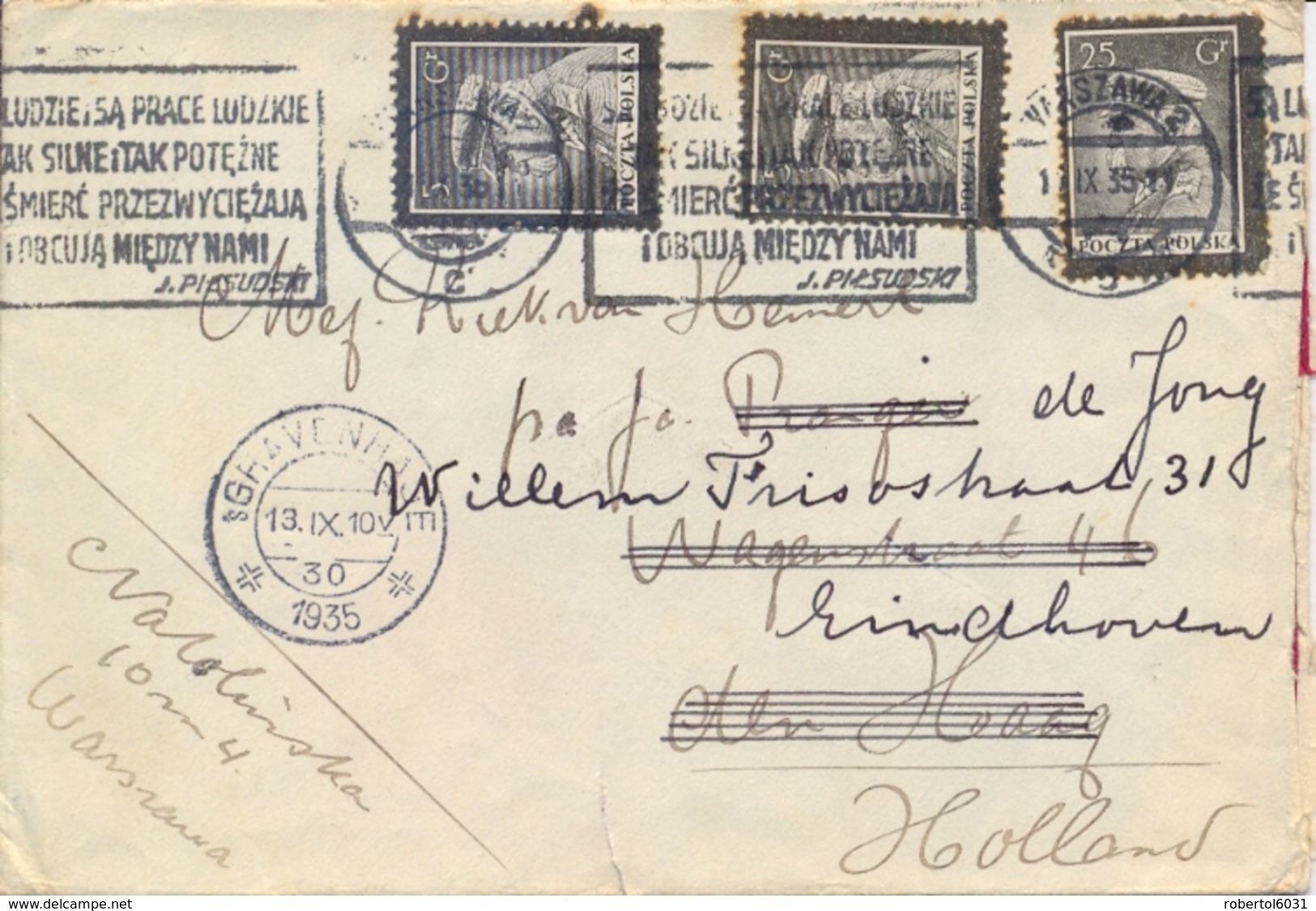 Poland 1935 Cover To Netherlands With Death Of Pilsudski 5 Gr. + 2 X 25 Gr. - Altri & Non Classificati