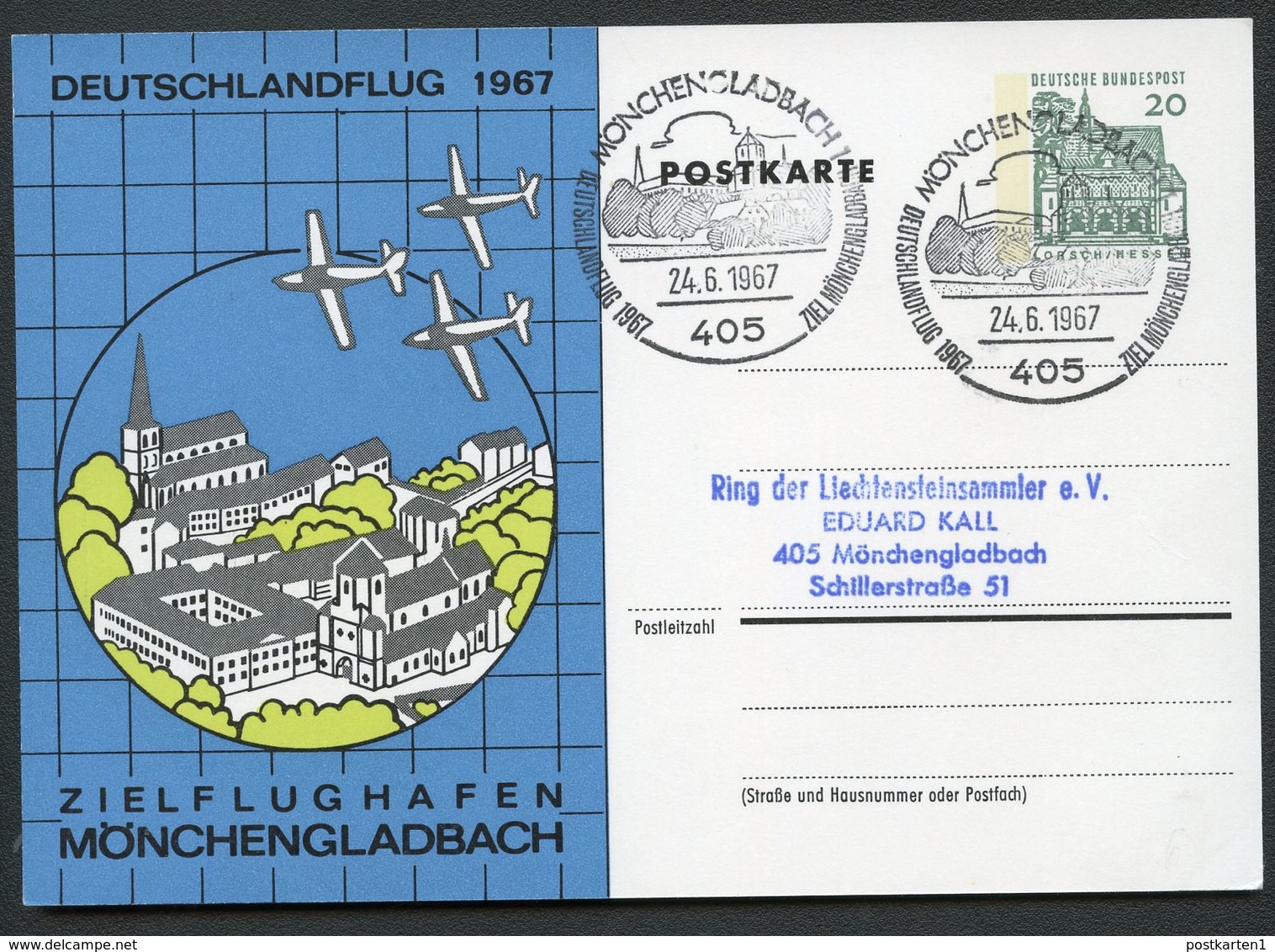 Bund PP36 C2/005 DEUTSCHLANDFLUG ZIELFLUGHAFEN MÖNCHENGLADBACH Sost.1967  NGK 10,00 - Privatpostkarten - Gebraucht