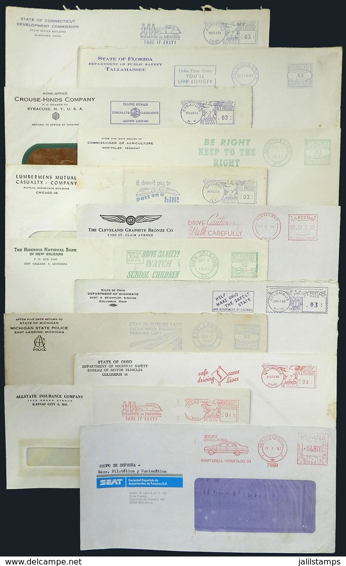 TOPIC CARS - TRAFFIC SAFETY: 11 Covers Used Between 1940 And 1960 In USA + 1 Used In 1987 In Spain, All With Meter Posta - Auto's