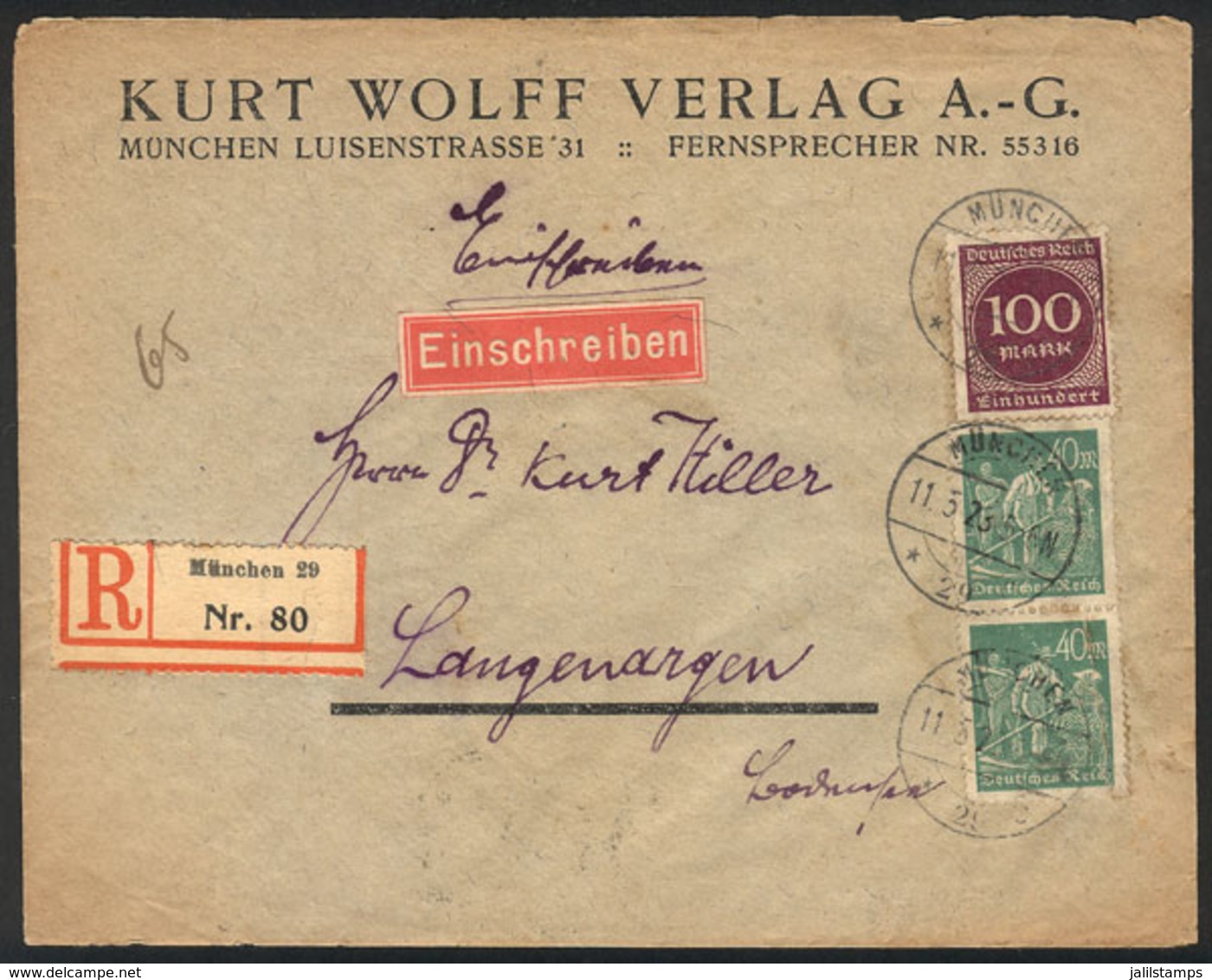 GERMANY: Registered Cover Sent From München To Langenargen On 11/MAY/1923 With INFLA Postage For 180Mk., VF Quality! - Autres & Non Classés