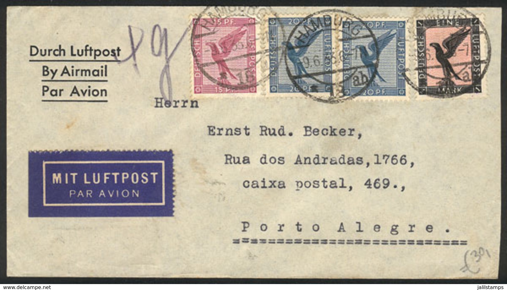 GERMANY: Airmail Cover Sent From Hamburg To Brazil On 9/JUN/1933 Franked With 1.55Mk., By Air France (transit Backstamp  - Otros & Sin Clasificación