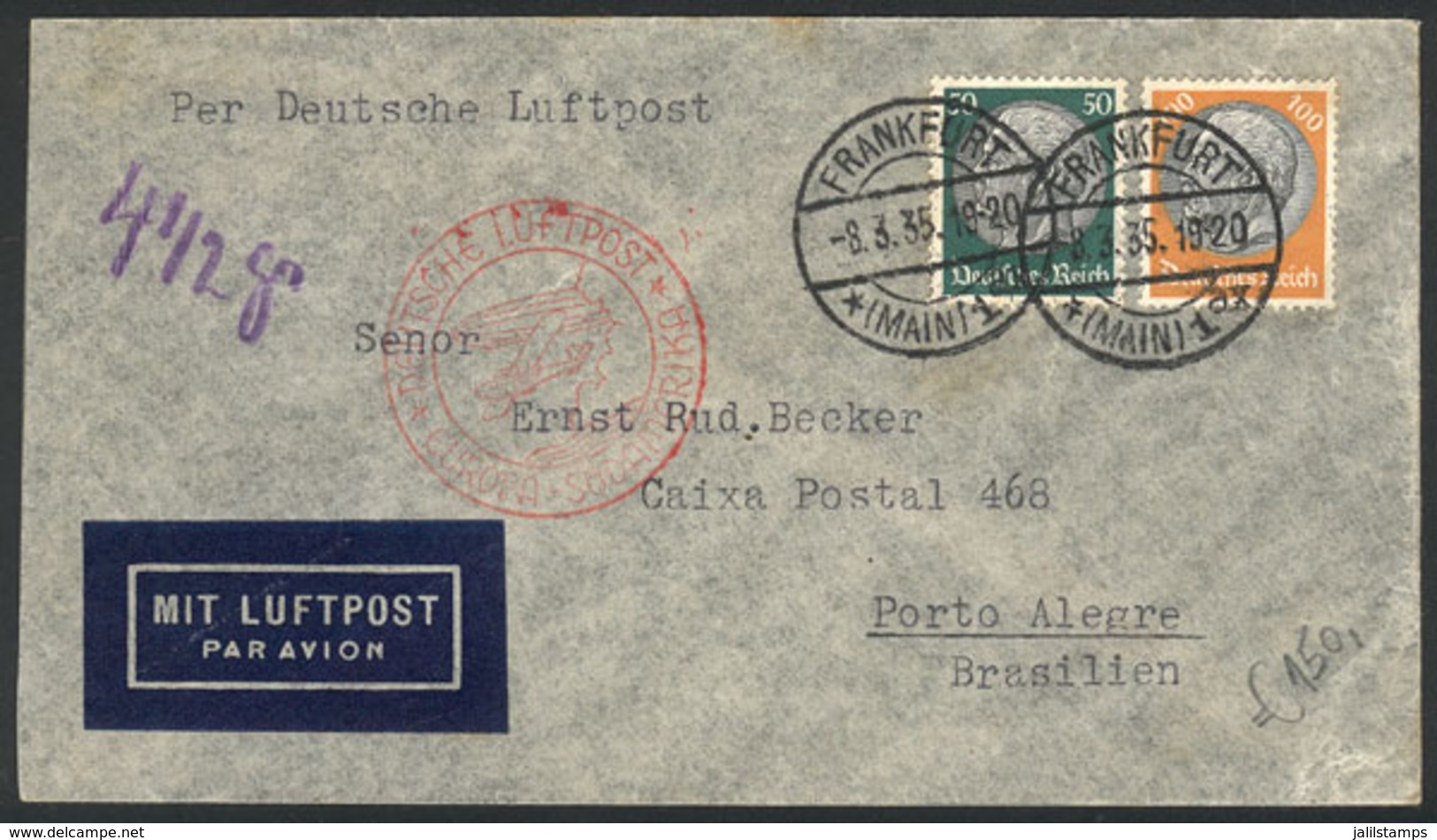 GERMANY: Airmail Cover Sent From Frankfurt To Brazil On 8/MAR/1935 Franked With 1.50Mk., VF Quality! - Other & Unclassified