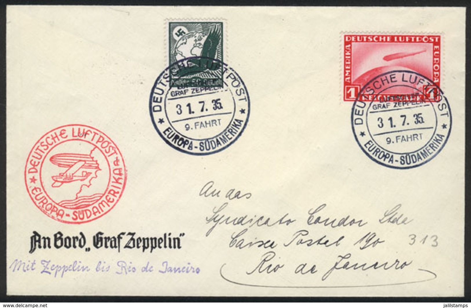 GERMANY: Cover Flown By ZEPPELIN, Dispatched Onboard The Airship On 31/JUL/1935 And Sent To Brazil, Excellent Quality! - Andere & Zonder Classificatie