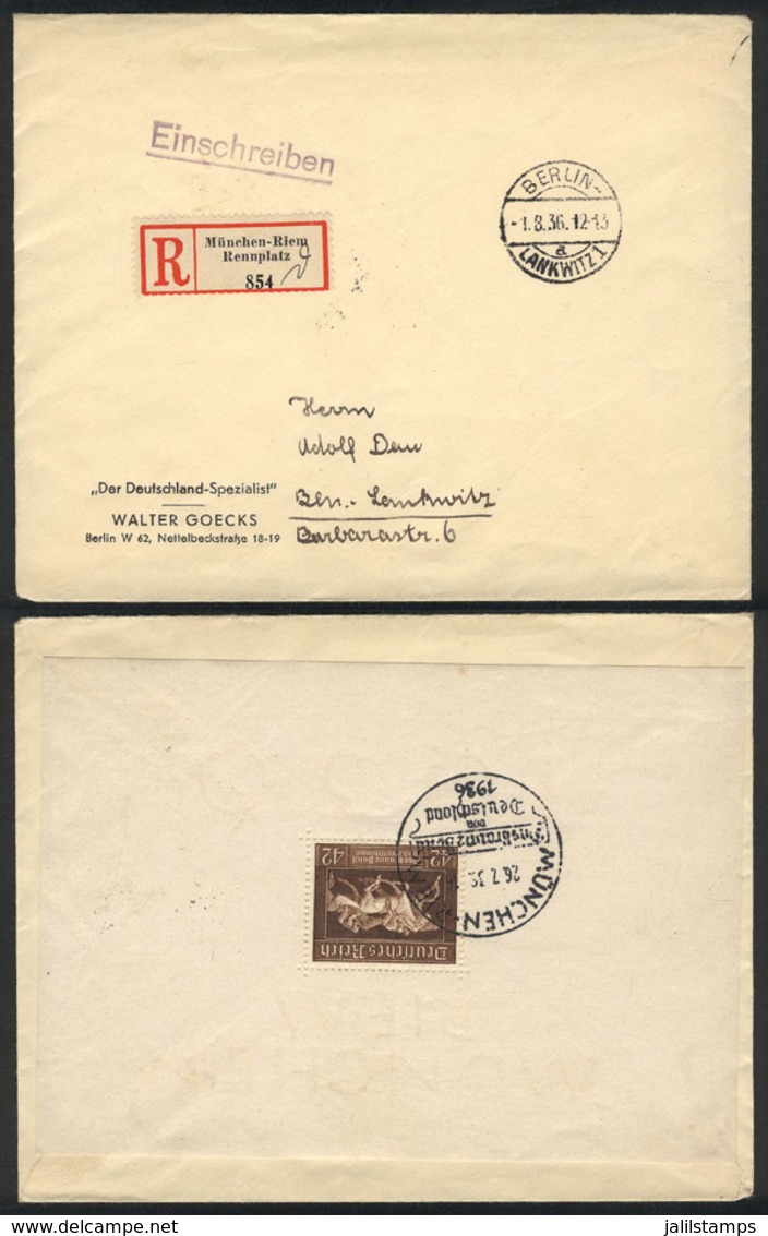 GERMANY: Cover Sent From München To Berlin On 1/AU/1936, Franked On Back With Souvenir Sheet Sc.B90 (horse Race), VF Qua - Altri & Non Classificati