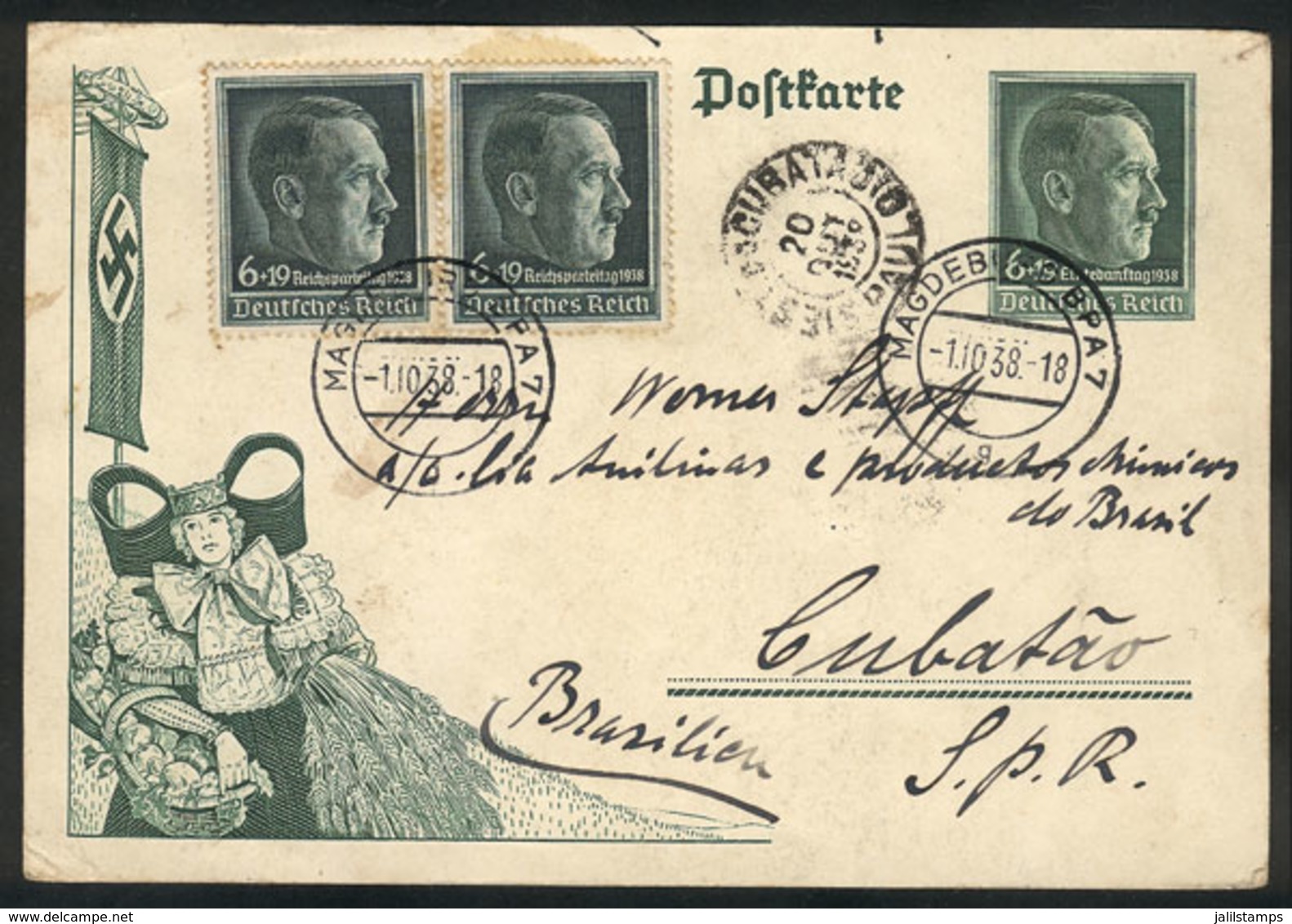 GERMANY: Postal Card Illustrated With Nazi Motifs, Uprated, Sent From Magdeburg To Cubatao (Brazil) On 1/OC/1938, VF Qua - Otros & Sin Clasificación