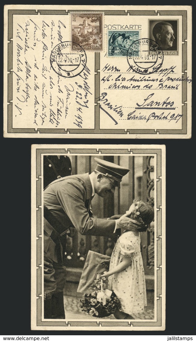 GERMANY: Postal Card Illustrated On Back: "Hitler Greeting A Girl", Sent From Magdeburg To Santos (Brazil) On 22/AP/1939 - Sonstige & Ohne Zuordnung