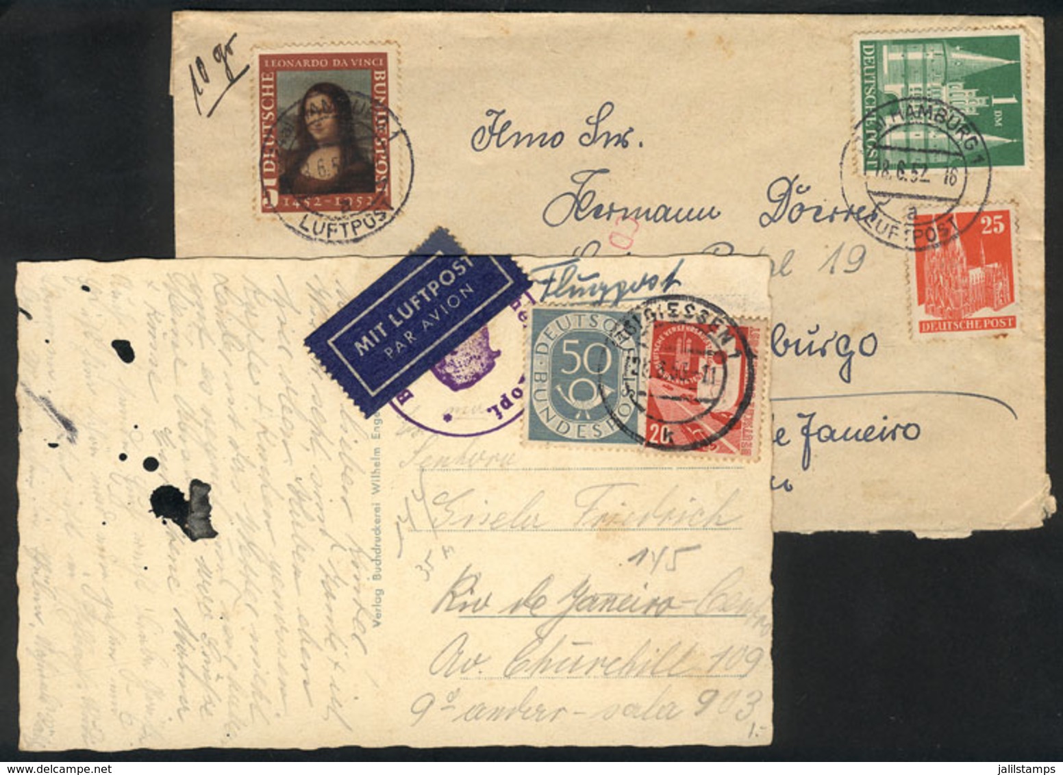 GERMANY: Cover And Postcard Sent To Rio De Janeiro In 1952 And 1953 With Handsome Postages! - Otros & Sin Clasificación