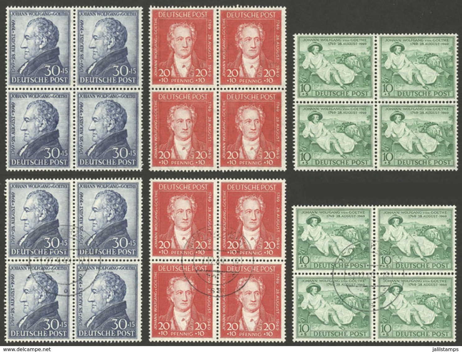 GERMANY - BIZONE: Yvert 79/81, 1949 Goethe, Cmpl. Set Of 3 Values In Used And MNH Blocks Of 4, Excellent Quality, Low St - Autres & Non Classés