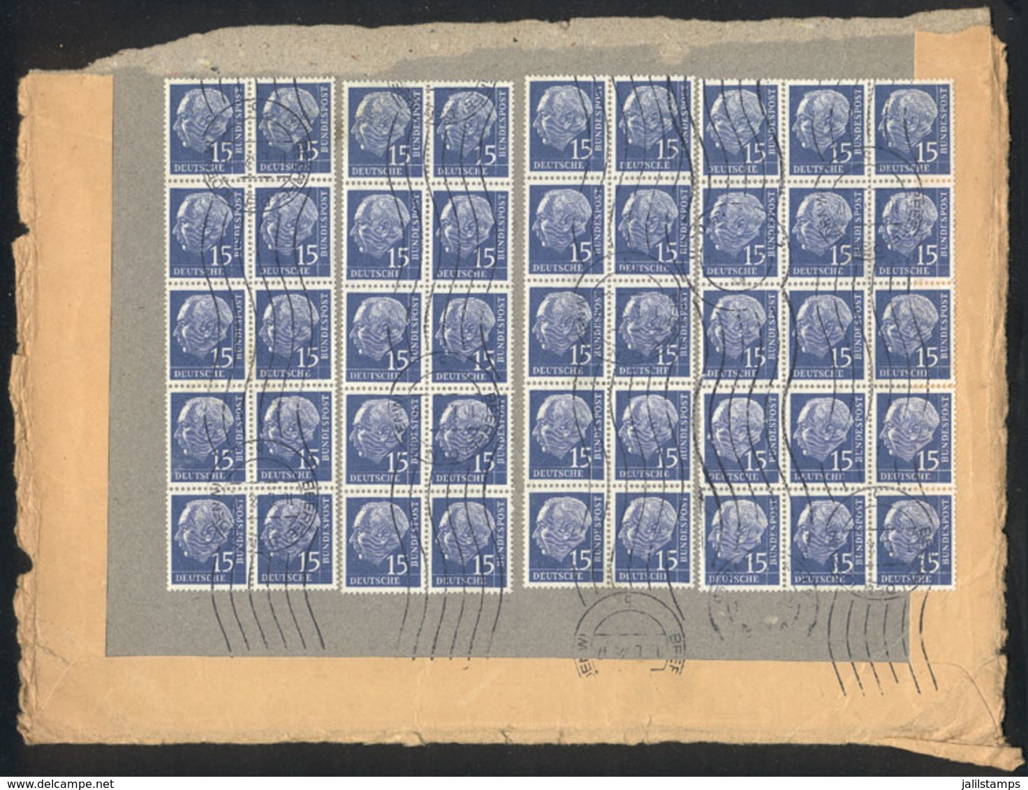 WEST GERMANY: Michel 184xW, 1954 Heuss 15Pf., Frangment Of A Parcel Post Franked With 45 Examples In Blocks Of 10 Or 15, - Sonstige & Ohne Zuordnung