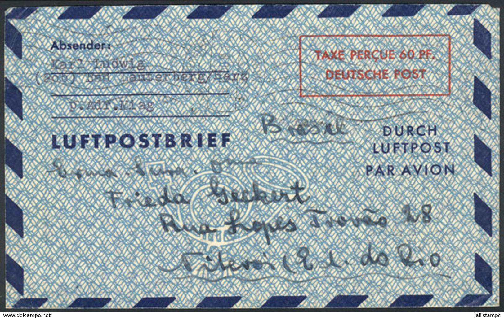 WEST GERMANY: 60Pf. Aerogram Sent From Bad Lauterberg To Brazil On 17/DE/1950, VF Quality! - Other & Unclassified