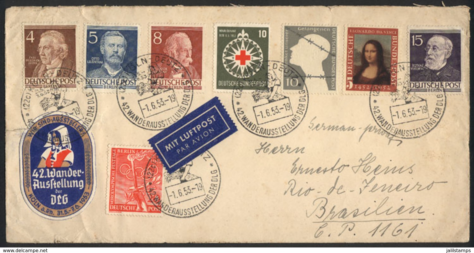 WEST GERMANY: Cover Sent From Köln-Deutz To Rio De Janeiro On 1/JUN/1953 With Very Nice Multicolored Postage! - Altri & Non Classificati