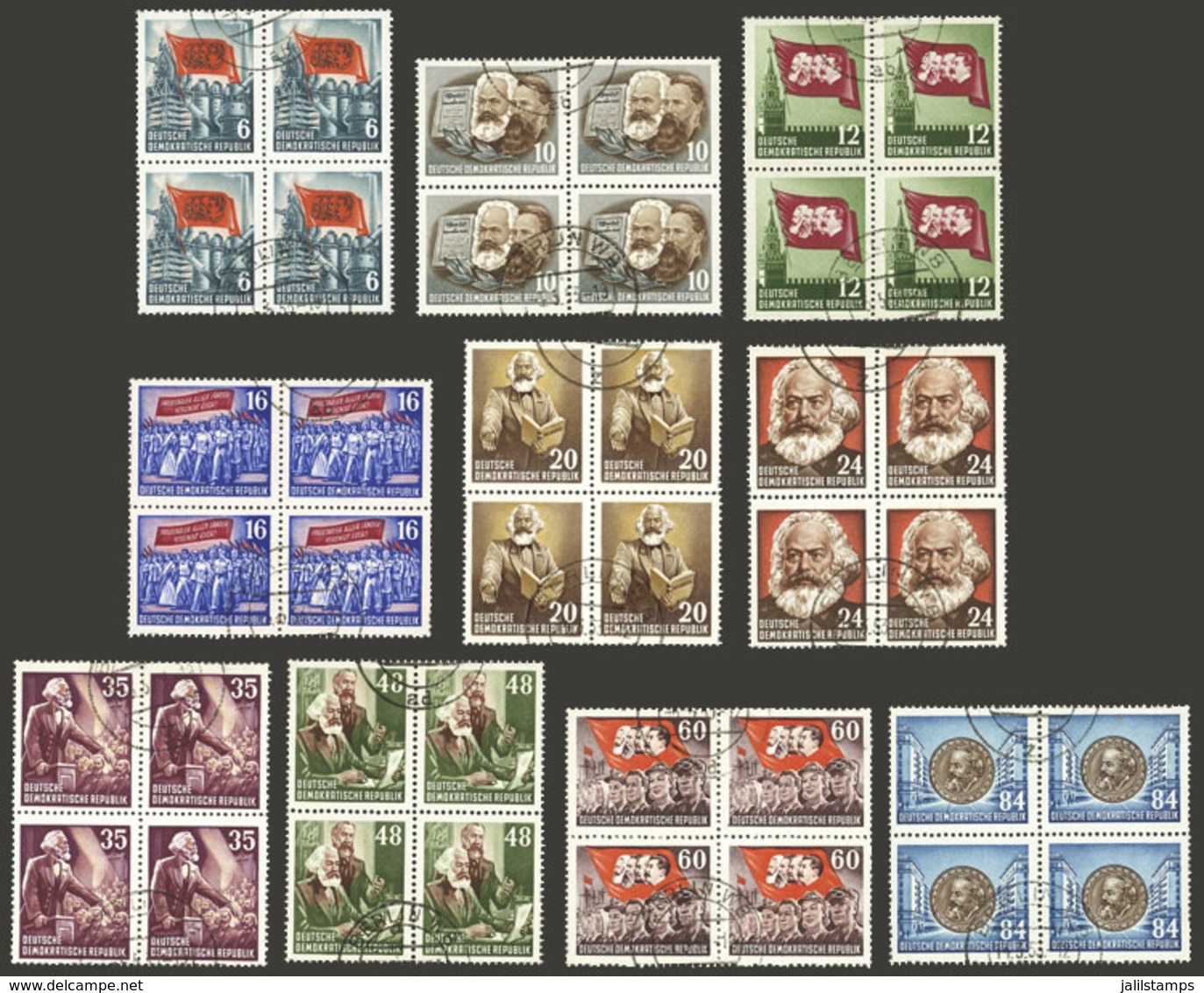 EAST GERMANY: Yvert 80/89, 1953 Karl Marx, Cmpl. Set Of 10 Values In Used Blocks Of 4, Excellent Quality! - Autres & Non Classés