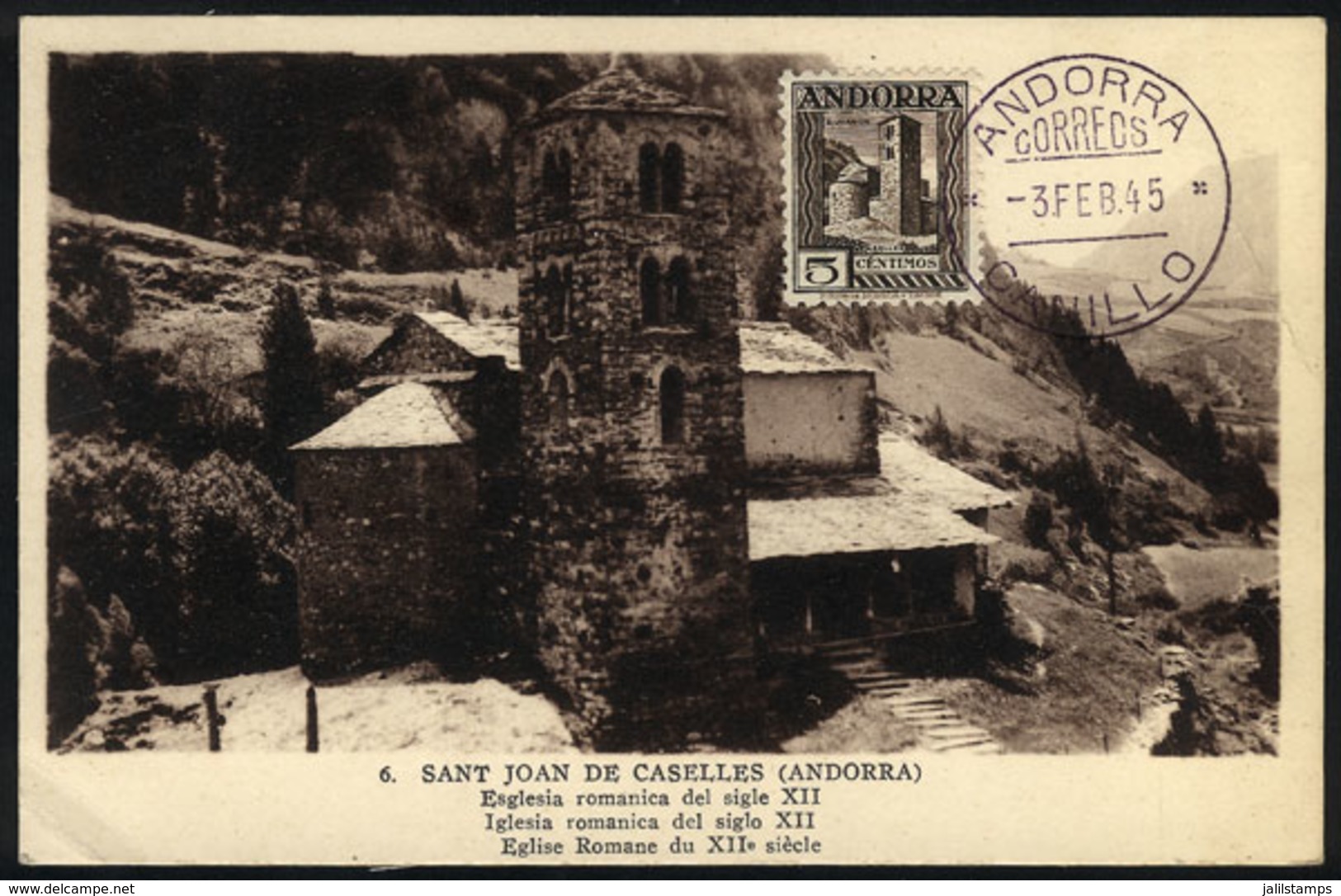 SPANISH ANDORRA: Maximum Card Of FE/1945: Sant Joan De Caselles, Roman Church Of XII Century, Fine Quality - Otros & Sin Clasificación
