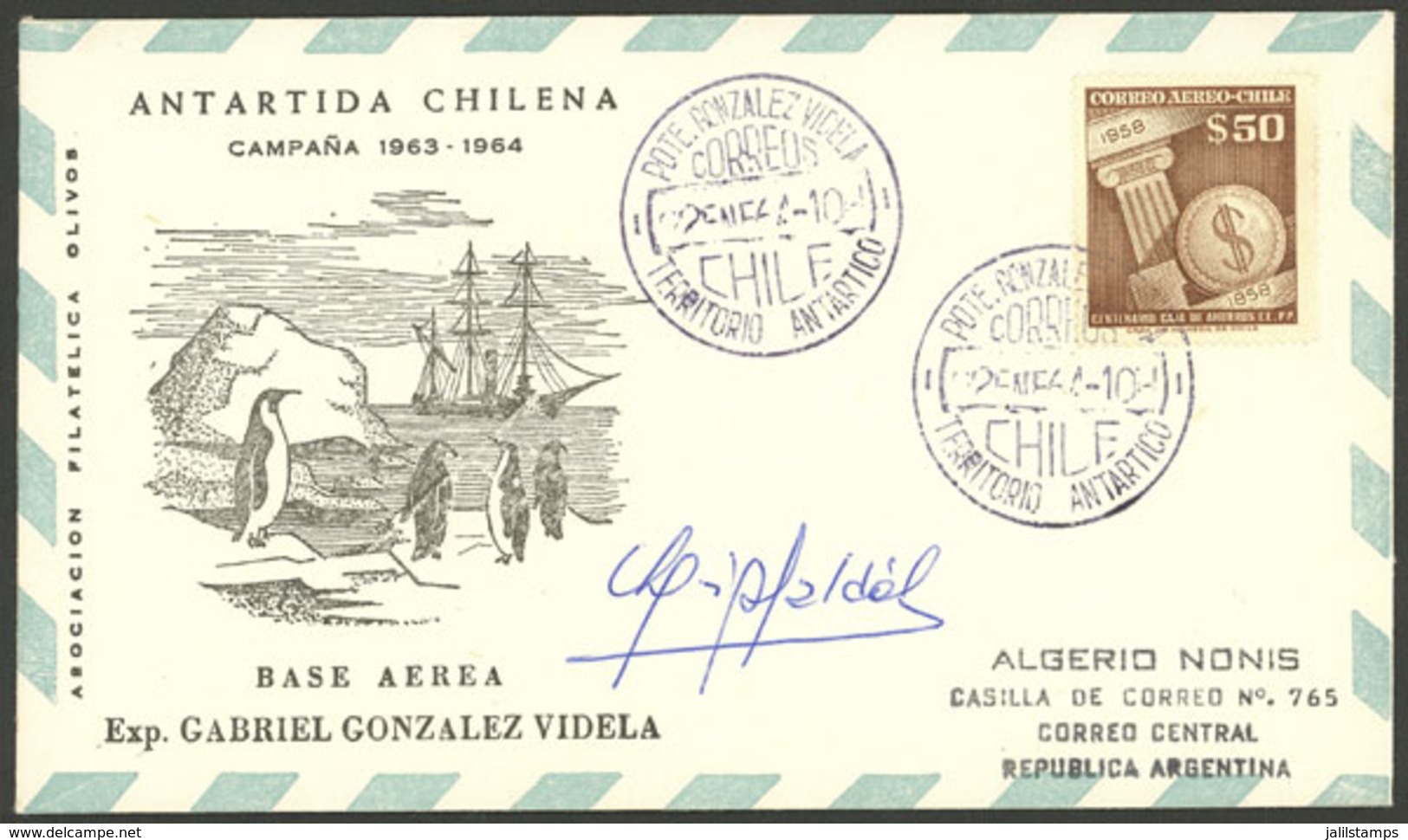 CHILEAN ANTARCTIC TERRITORY: Cover Cancelled On 22/JA/1964 In The Gabriel Gonzalez Videla Antarctic Station, Signed By I - Altri & Non Classificati