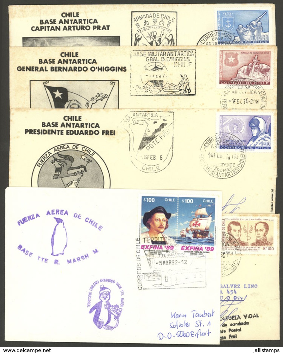 CHILEAN ANTARCTIC TERRITORY: 4 Covers Of 1976 + One Of 1992 With Postmarks Of Chilean Antarctic Stations, 3 Signed, With - Autres & Non Classés