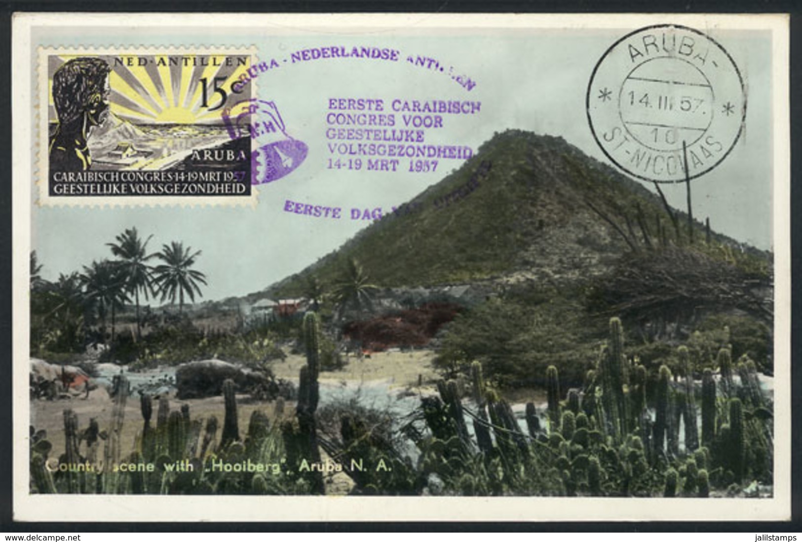 NETHERLANDS ANTILLES: Maximum Card Of 14/MAR/1957: Rural Landscape Of Aruba With Hooiberg, With First Day Postmark, VF Q - Curaçao, Antilles Neérlandaises, Aruba