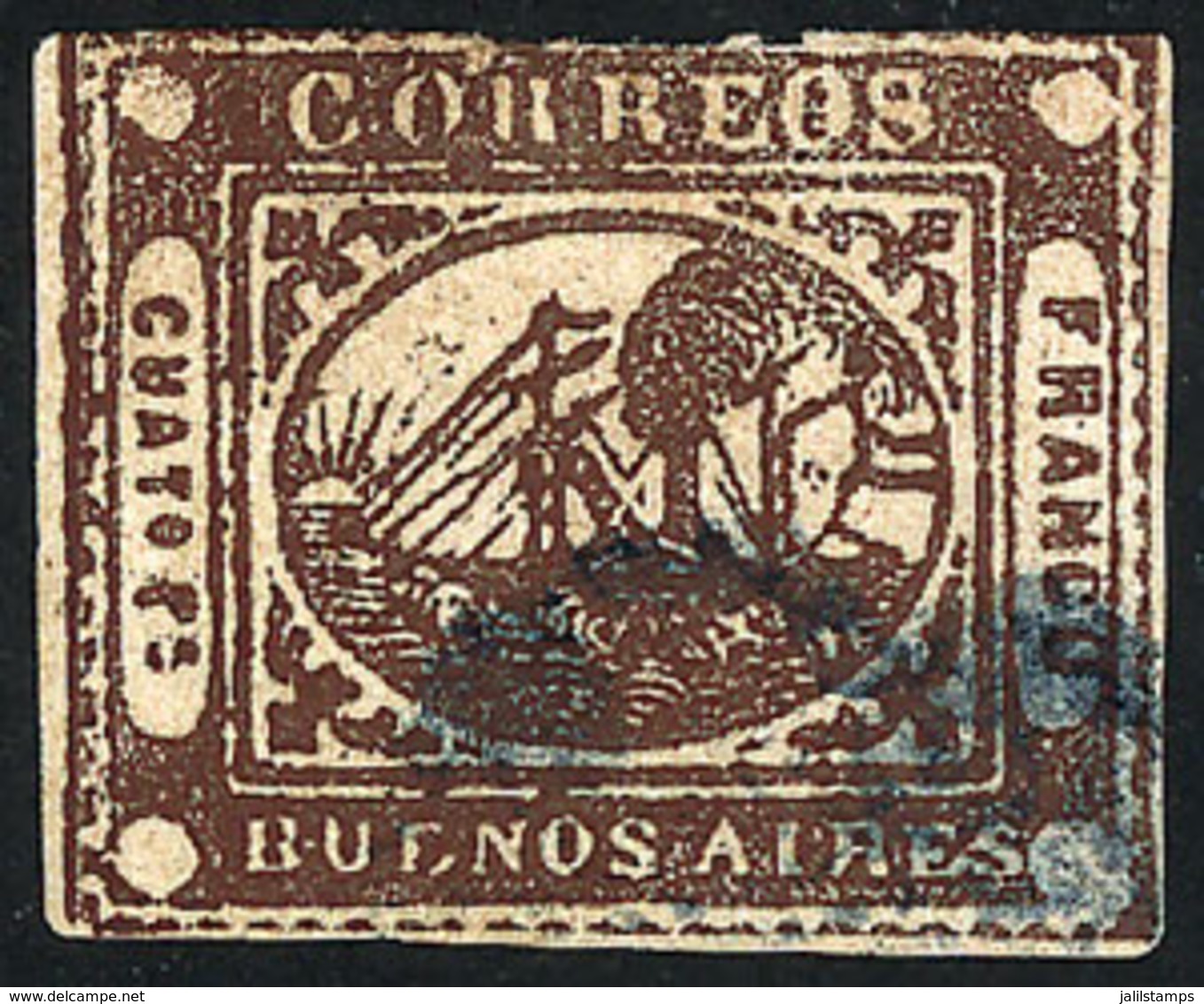 ARGENTINA: GJ.9A, 4Rs. Chocolate, Type 17 On The Kneitschel Reconstruction, Used With Blue Ponchito Cancel Of San Nicolá - Buenos Aires (1858-1864)