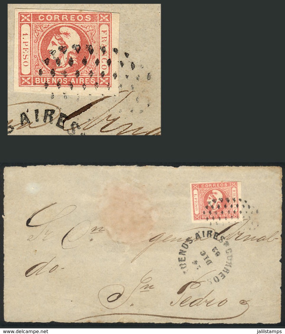 ARGENTINA: GJ.19, 1P. Rose, VERY CLEAR Impression, 4 Wide Margins, Used On A Front Of Folded Cover Sent From Buenos Aire - Buenos Aires (1858-1864)