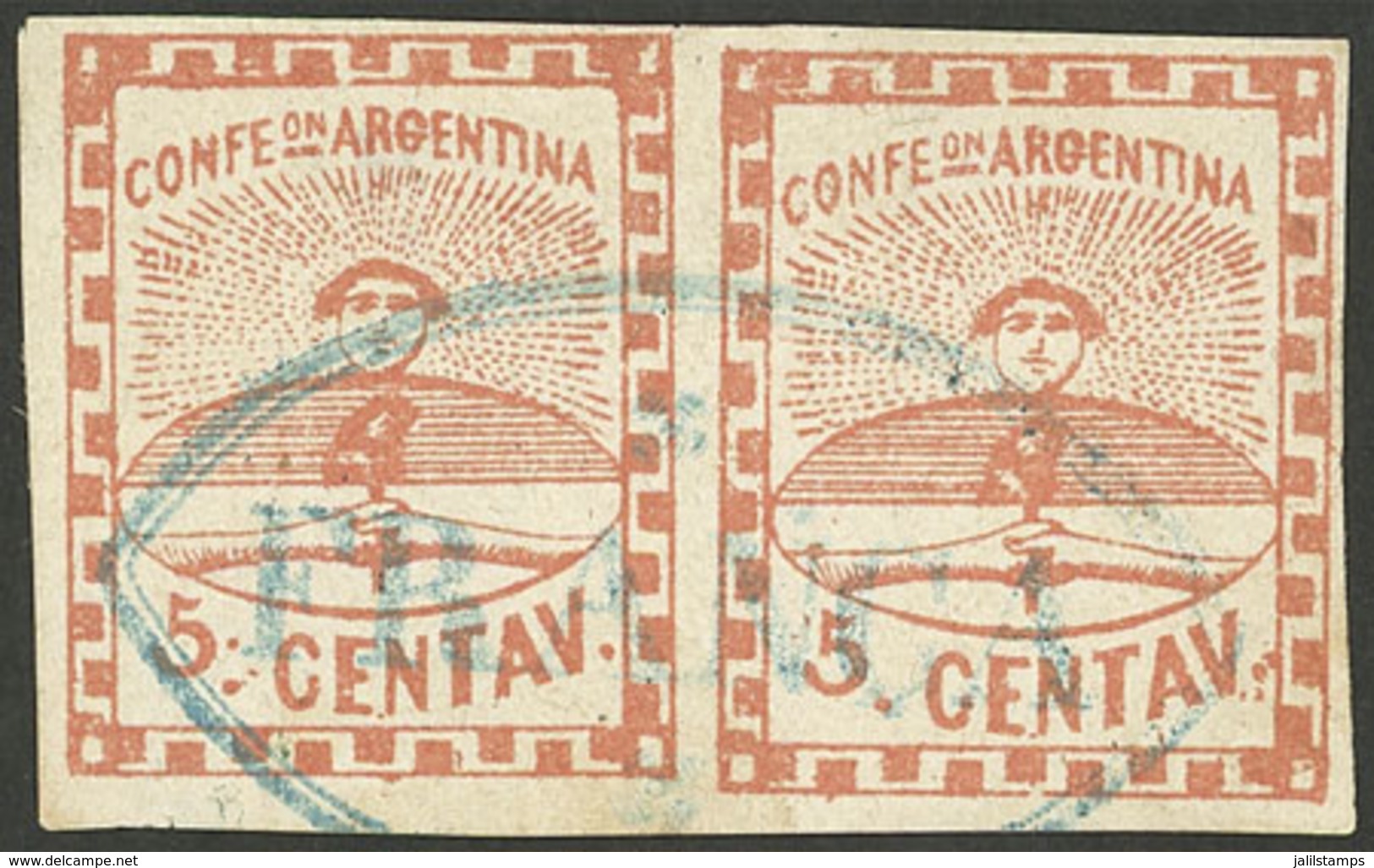 ARGENTINA: GJ.1, Pair With FRANCA Cancel Of Santa Fe In Blue, Tiny Thin On Back, Superb Front, Signed By Victor Kneitsch - Sonstige & Ohne Zuordnung