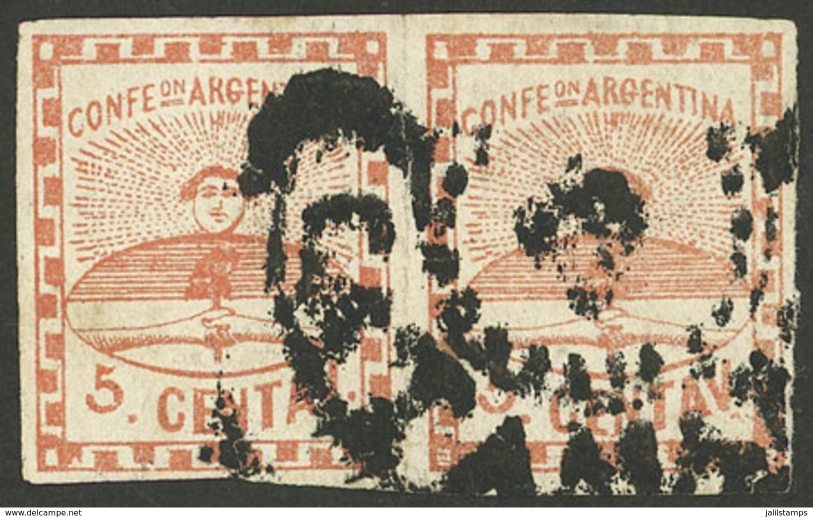 ARGENTINA: GJ.1, 5c. Red In Pair With Semi-circle CATAMARCA Cancel (+400%), Superb, Signed By Victor Kneitschel, Very Ra - Other & Unclassified