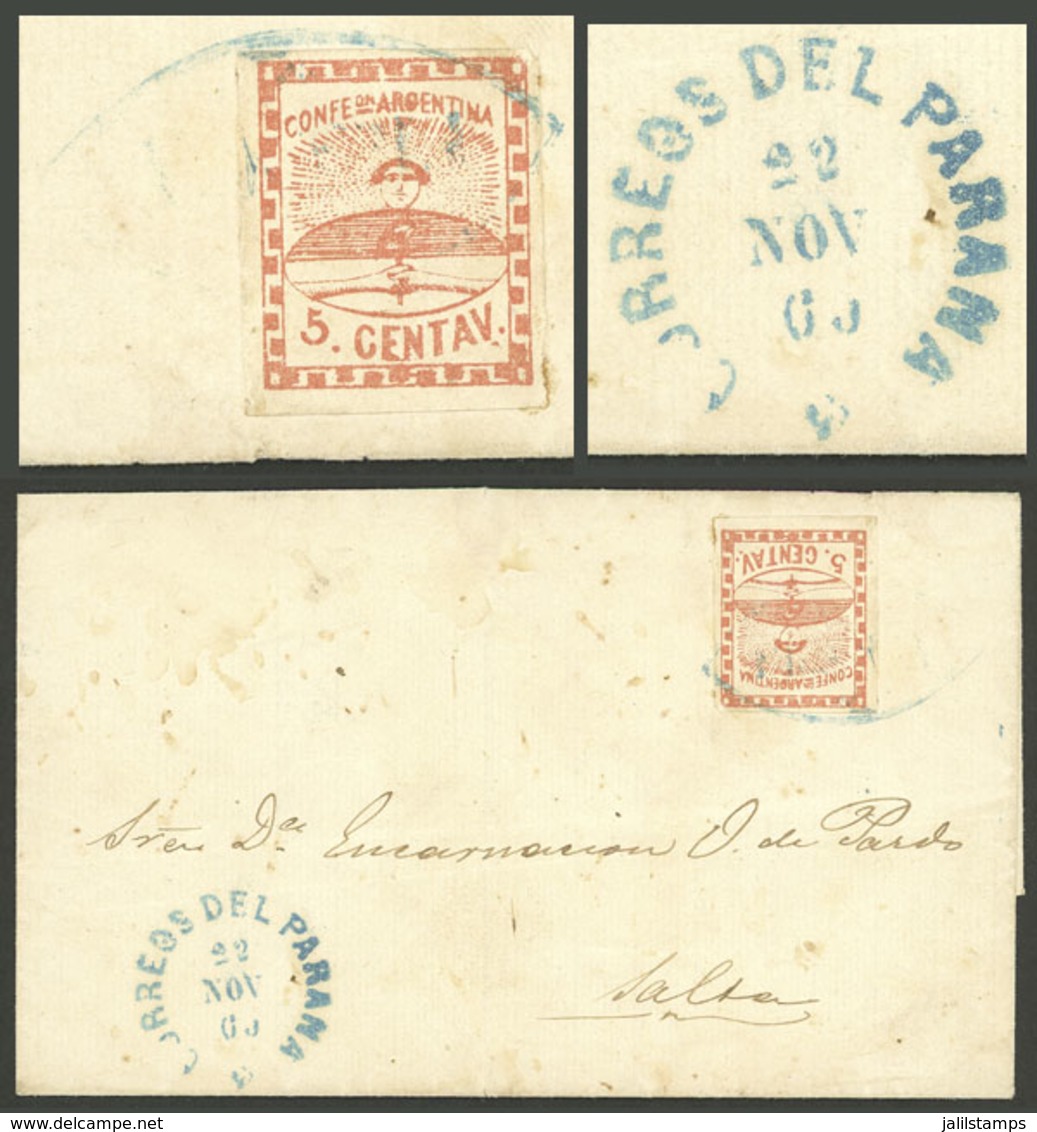 ARGENTINA: GJ.1, 5c. Red On Folded Cover To Salta With FRANCA Cancel Along Datestamp Of PARANÁ 20/NO/1860, VF! - Altri & Non Classificati