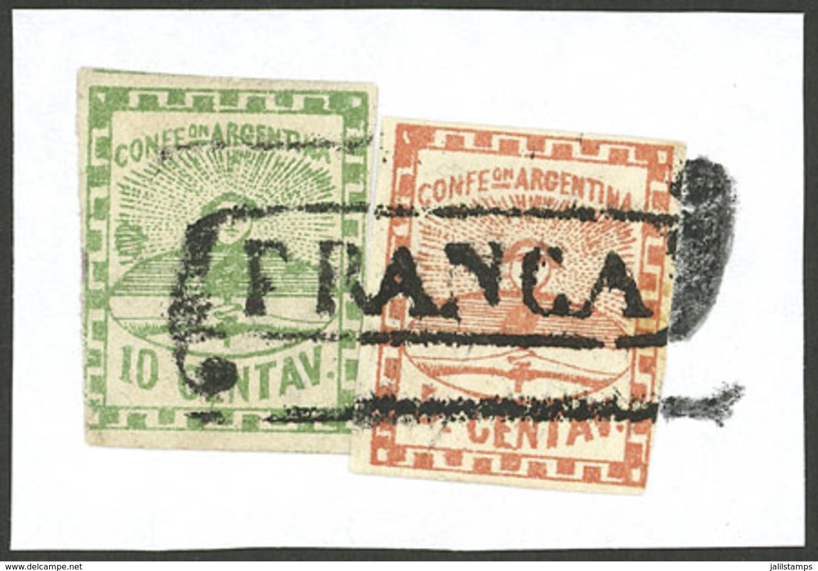 ARGENTINA: GJ.2, With VARIETY "Retouch In Lined Background", Along With A 5c. With FRANCA Cancel Of Catamarca (reconstru - Autres & Non Classés