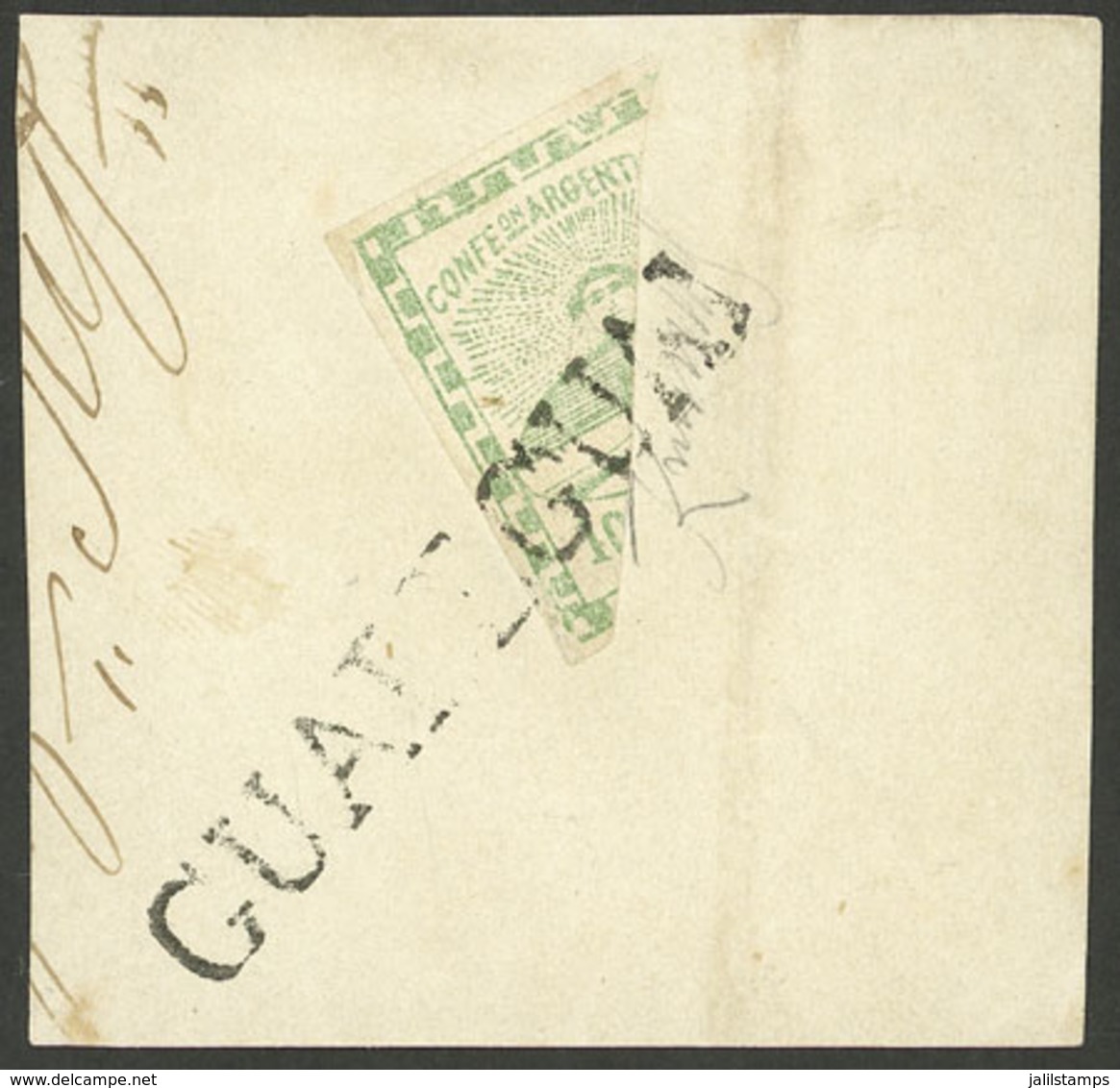 ARGENTINA: GJ.2BID, 10c. Diagonal Bisect Used As 5c. On Large Fragment With Straightline GUALEGUAI Cancel (+600%), Super - Other & Unclassified