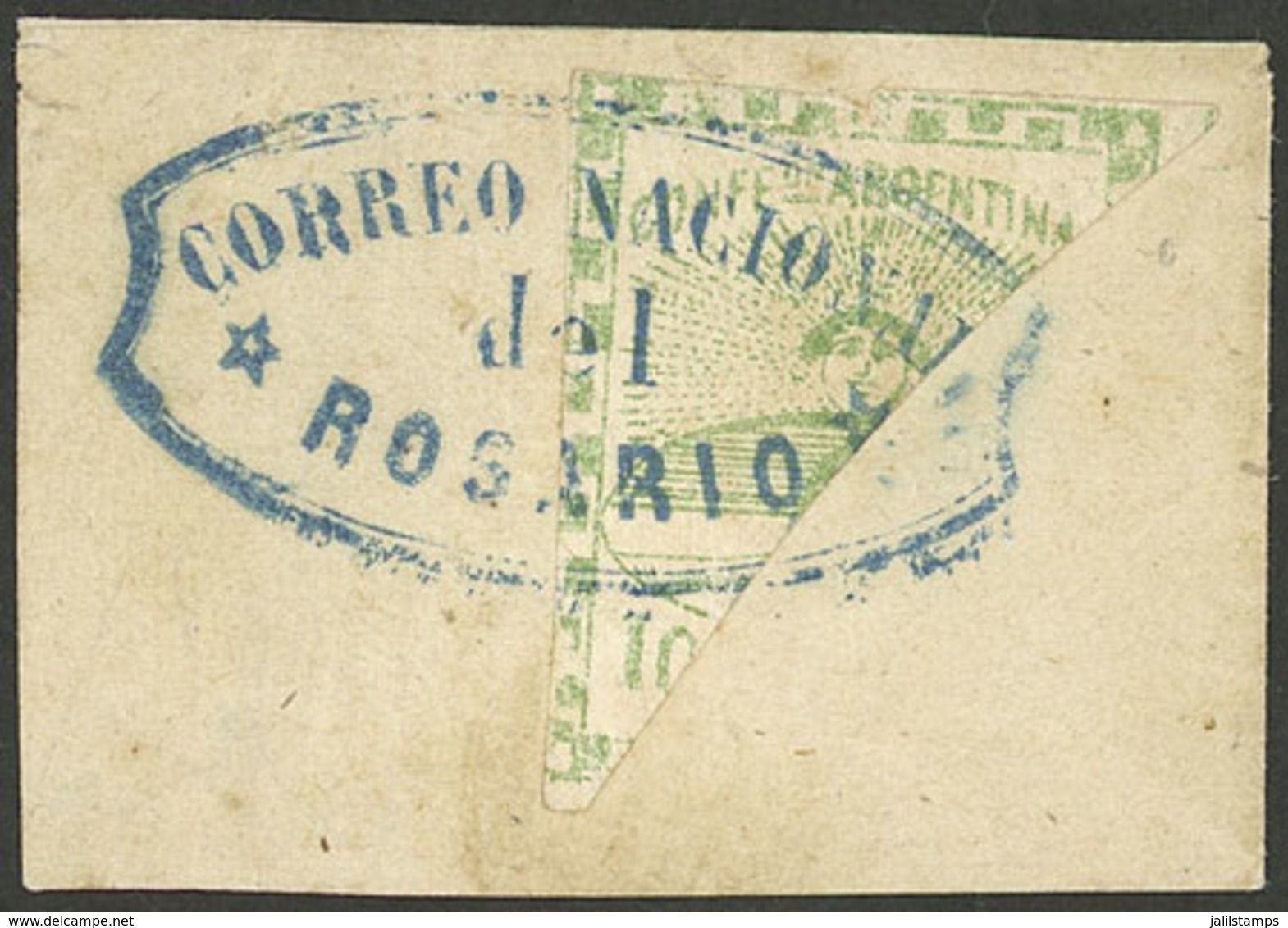 ARGENTINA: GJ.2BID, 10c. Bisect Used As 5c., On Fragment With Biconcave ROSARIO Cancel In Blue (+400%), VF Quality! - Altri & Non Classificati