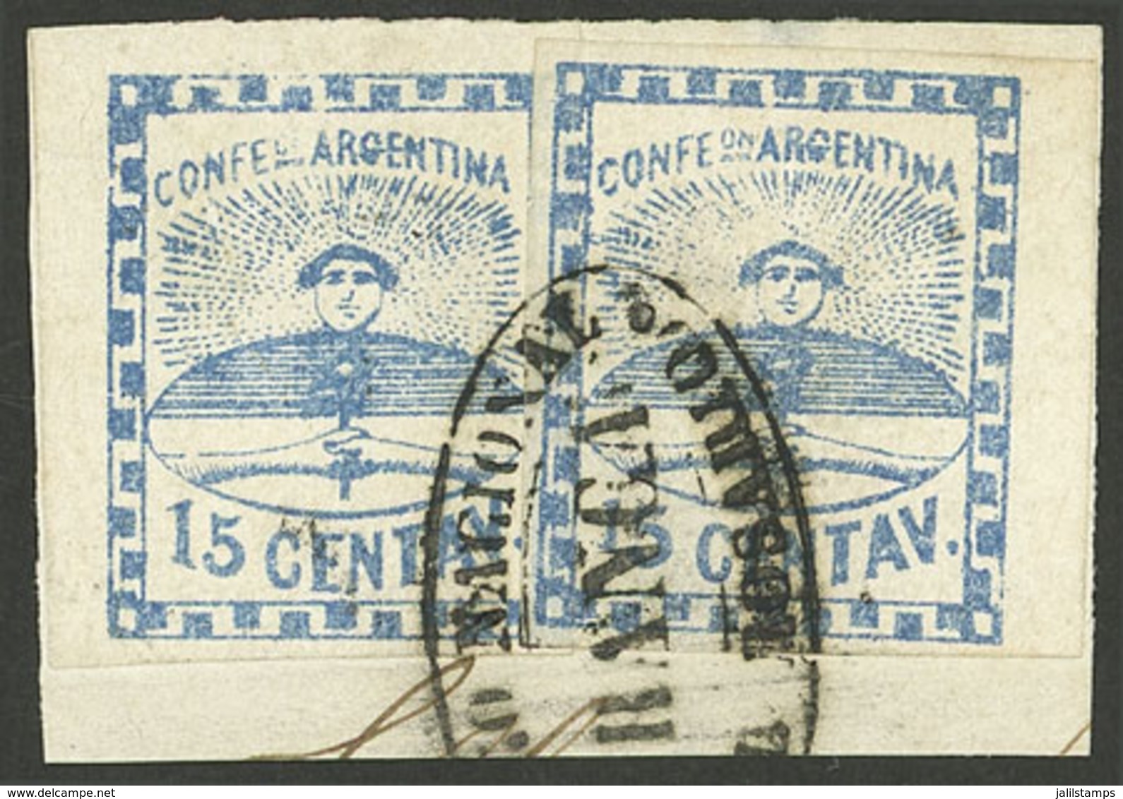 ARGENTINA: GJ.3, 15c. Blue, 2 Examples On Fragment With Cancel Of ROSARIO, Excellent Quality, Very Rare! - Other & Unclassified