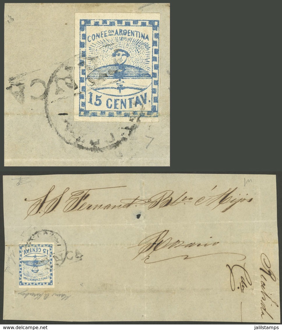 ARGENTINA: GJ.3, 15c. Blue Franking A Front Of Folded Cover With MENDOZA And FRANCA Cancels, Very Fine Quality, Signed B - Sonstige & Ohne Zuordnung