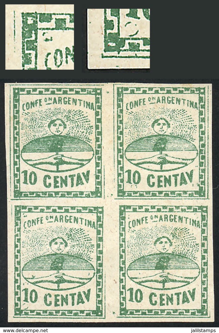 ARGENTINA: GJ.5A, 10c. Large Figures, Dark Green, Handsome Block Of 4, The Lower Left Stamp With Marks Of The Nails That - Other & Unclassified