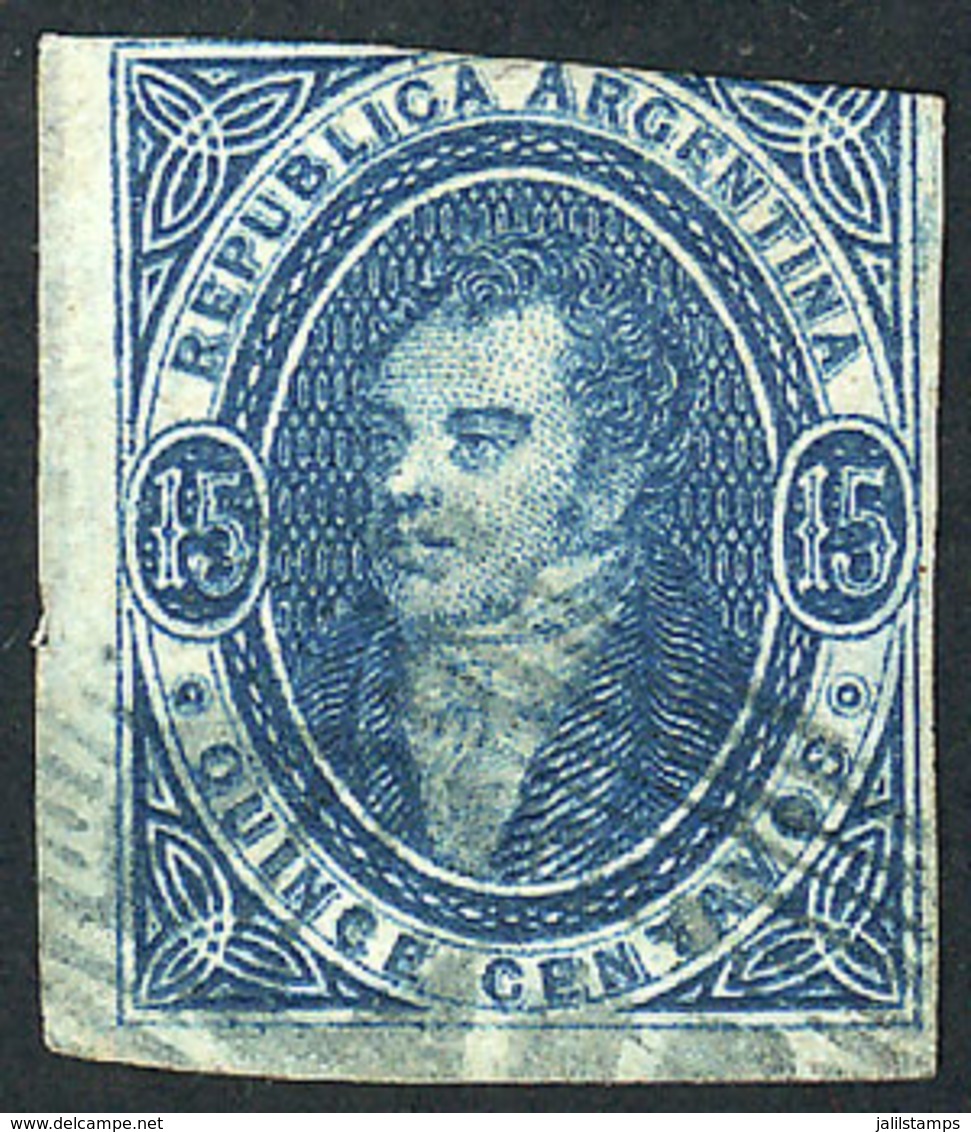ARGENTINA: GJ.18, 15c. Blue Of 1st Printing Imperf, WITH LEFT SHEET MARGIN (extremely Rare!), Used With Blue OM Cancel,  - Otros & Sin Clasificación