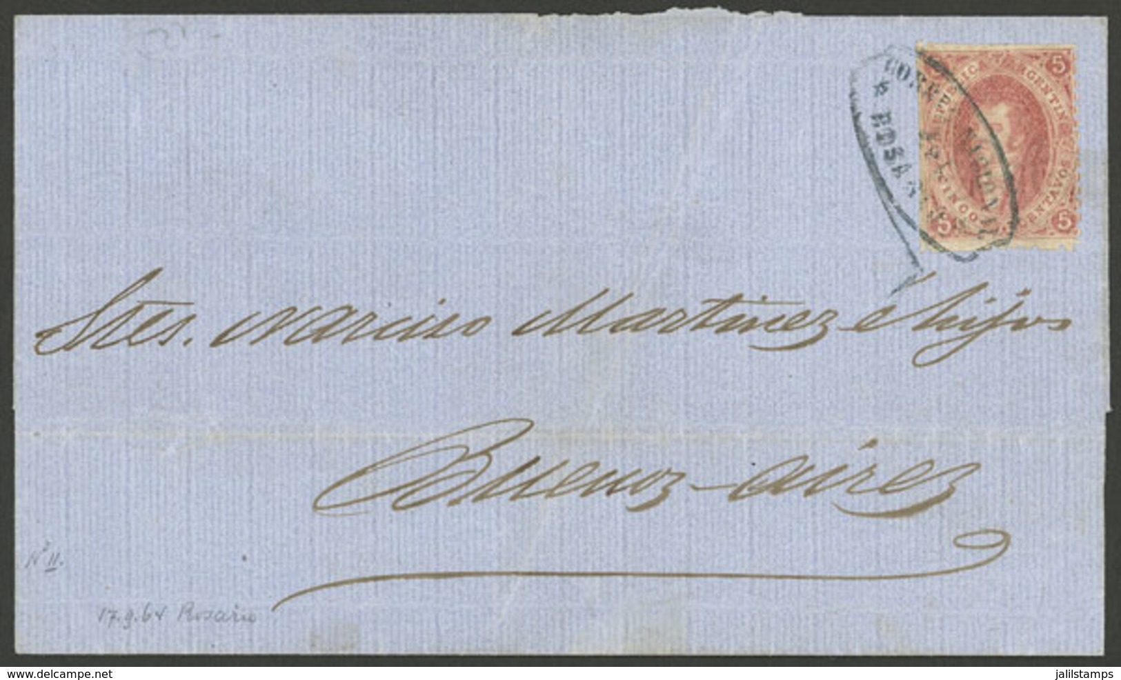 ARGENTINA: GJ.19, 1st Or 2nd Printing, Nice Example Franking A Folded Cover Dated 17/SE/1864, Sent From Rosario To Bueno - Autres & Non Classés