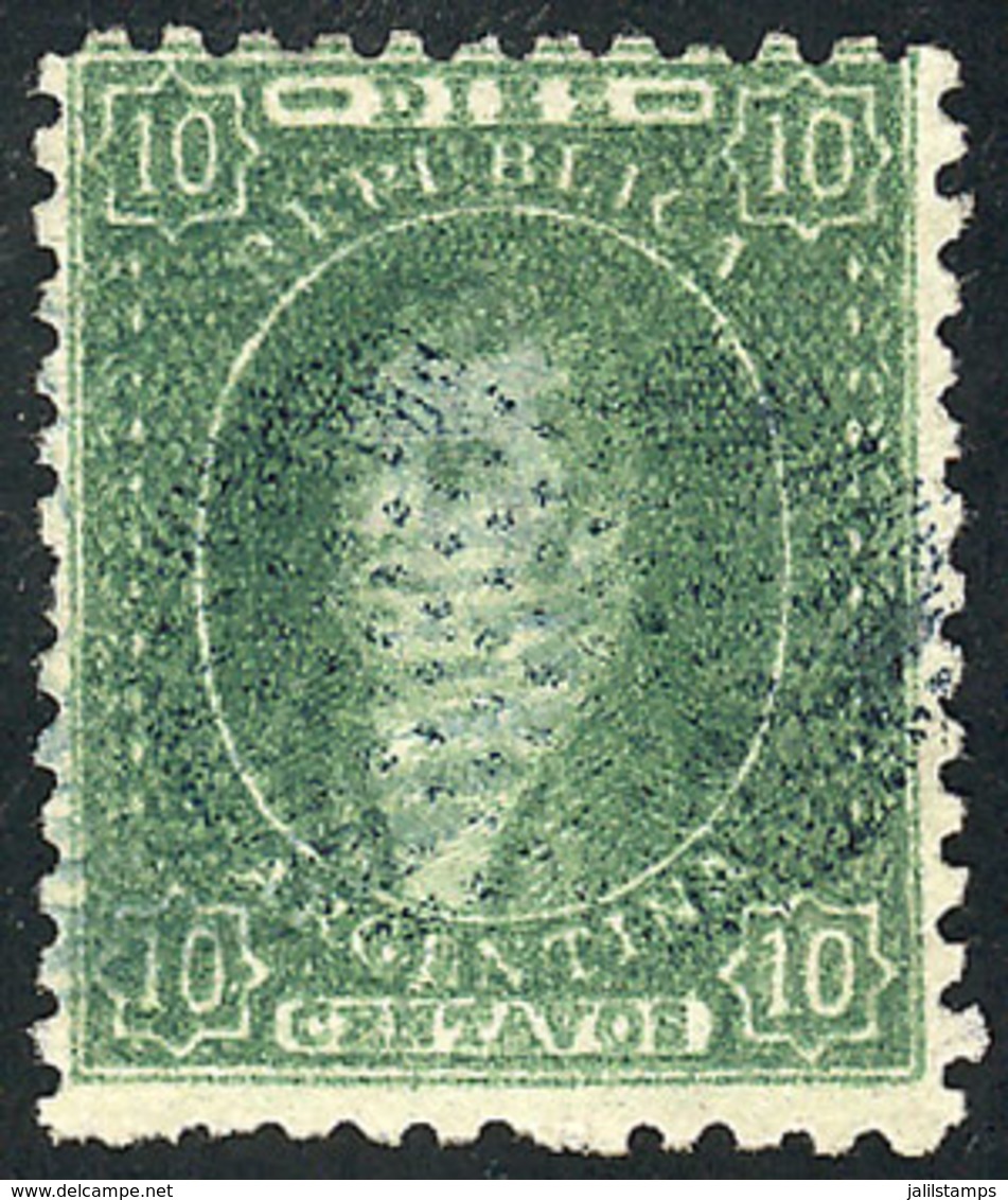 ARGENTINA: GJ.23, 10c. Worn Impression, With Ponchito Cancel Of MERCEDES In Blue, Superb And Very Rare On Rivadavias!! - Autres & Non Classés