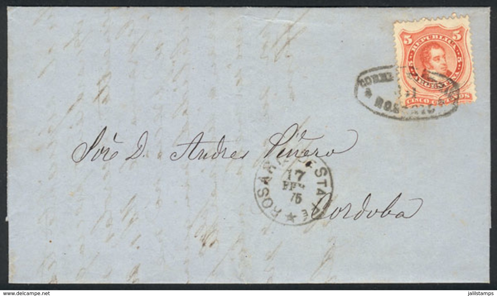 ARGENTINA: GJ.38, On A Folded Cover Posted From Rosario To Córdoba On 17/FE/1875, Excellent Quality! - Sonstige & Ohne Zuordnung