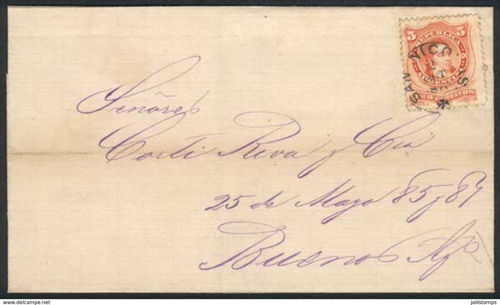 ARGENTINA: Folded Cover Franked By GJ.38, With SAN NICOLÁS Cancel Of 2/OC/1873 With Maltese Cross, VF Quality, With Sola - Otros & Sin Clasificación