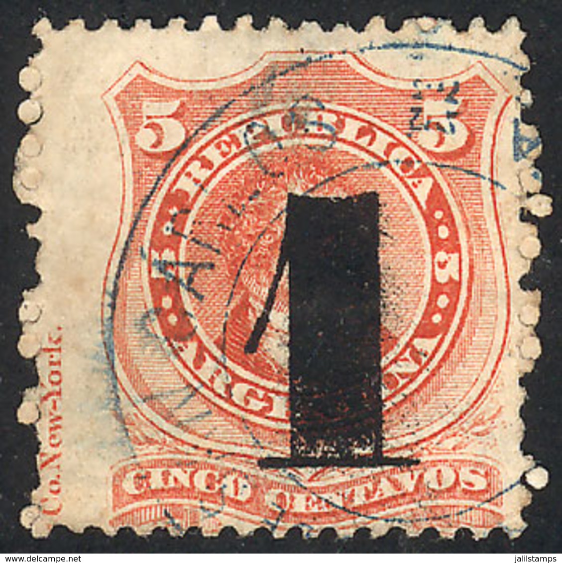 ARGENTINA: GJ.45, With Extremely Rare Blue Cancel Of SAN CARLOS (Santa Fe), Excellent! - Other & Unclassified