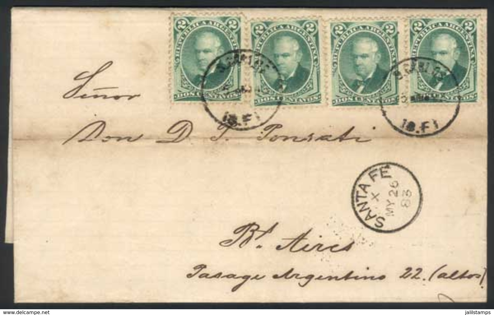 ARGENTINA: Complete Folded Letter Franked By GJ.53 X4, With The Rare SAN CARLOS (Santa Fe) Cancel Of 25/MAY/1883, On Rev - Sonstige & Ohne Zuordnung