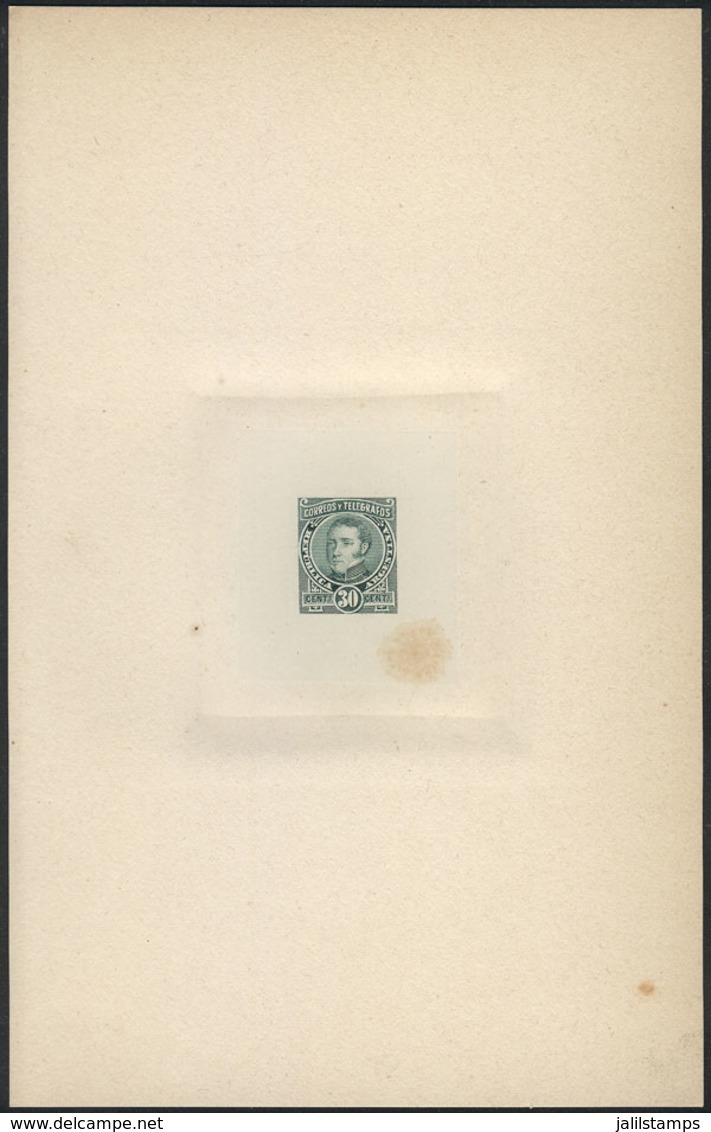 ARGENTINA: Year 1889, Sudamericana Issue, Die Proof Of An UNISSUED Value Of 30c. Dorrego In Green, 13 X 20.50 Cm, Very F - Otros & Sin Clasificación